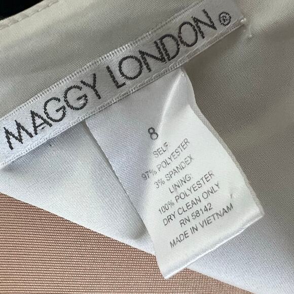 Maggy London Sheath Dress 8 Satin Black White Leaf Asymmetric Neck Cocktail Knee - Picture 6 of 9